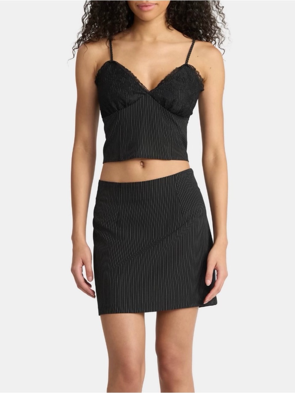 Black Woven Pinstripe and Lace Bustier Top & Mini Skirt Set - 2 Piece